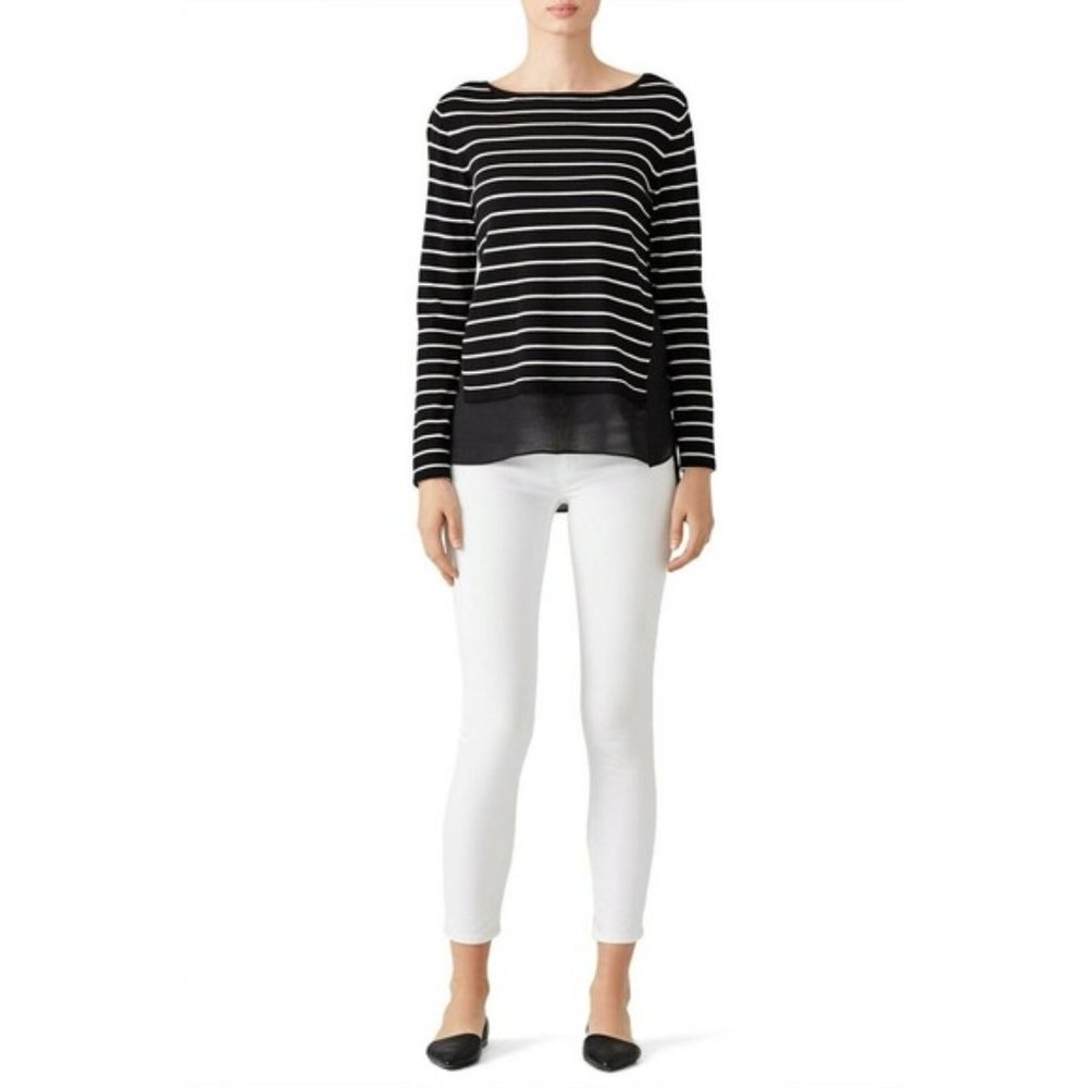 Nicole Miller Striped Sweater Top Georgette Hem Size M